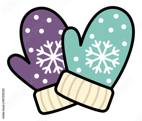 Purple and teal winter mittens with white snowflakes and cuff .Isolated transparent background ( include cut-out PNG file )