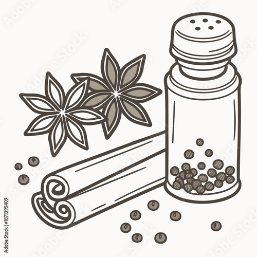 Whole spices collection star anise cinnamon pepper shaker, culinary seasoning ingredients