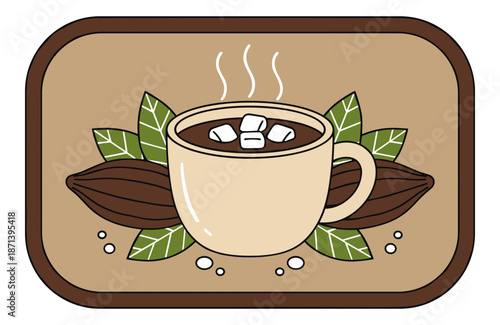 This image displays a warm mug of cocoa and marshmallows beside two cacao pods.Isolated transparent background ( include cut-out PNG file )