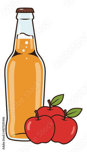 Red apples stand next to an unopened brown glass bottle filled with golden cider.Isolated transparent background ( include cut-out PNG file ).