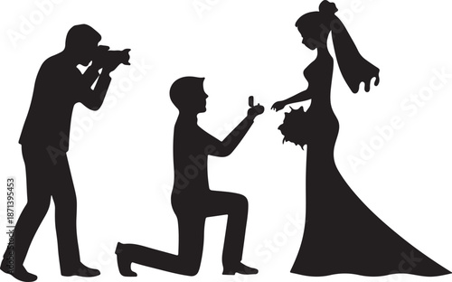 Silhouettes show a photographer capturing a man proposing with a ring to a woman in a wedding dress