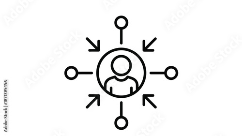 Simple line art icon depicting a central figure with radiating arrows and circles around it