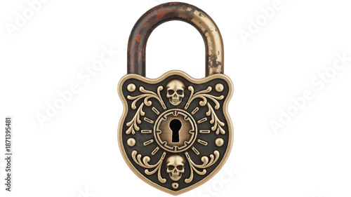 old rusty padlock with skulls on a transparent background