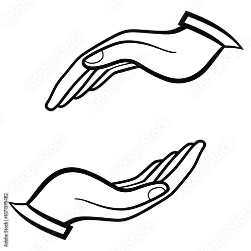 Simple black and white line art illustration depicting two stylized human hands positioned opposite each other suggesting giving receiving or holding an invisible object protection or balance