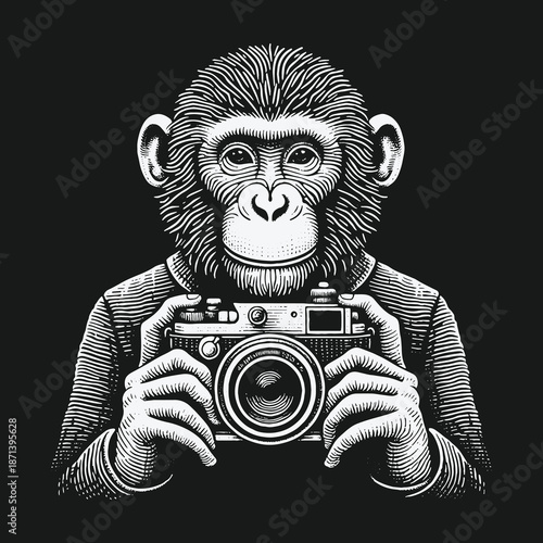 Monkey Photographer: A Detailed Engraving of a Chimp with a Camera.