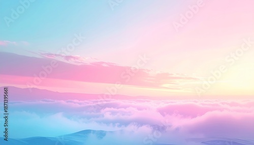 Dreamy pastel sky above clouds. Soft pink, blue, and yellow gradient at sunrise or sunset, ethereal atmospheric view.