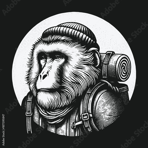 Monkey Hiker: A Detailed Black and White Illustration.