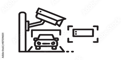 Parking lot vector icon with license plate recognition and CCTV video surveillance, outline and filled style, isolated on transparent background, clean modern security illustrationParking lot vector i