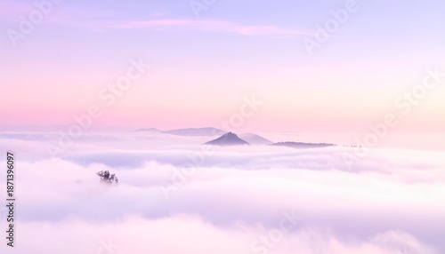 Ethereal Pastel Sunrise: Mountain Peaks Emerge from a Sea of Soft Pink and Purple Clouds. Dreamy Landscape.