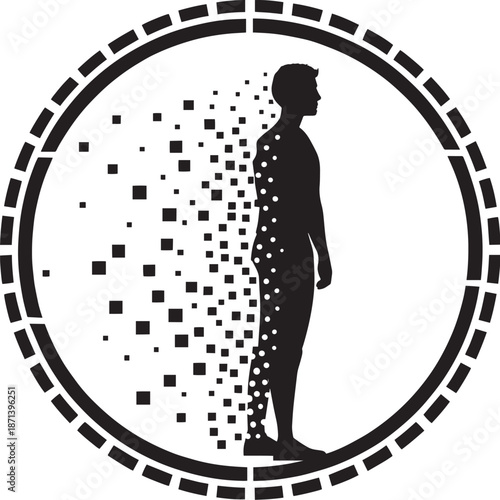 Silhouette of a person dissolving into digital pixels within a circular frame