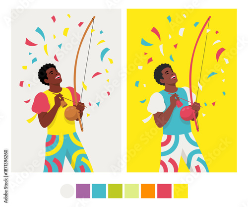 Happy Brazilian Musician Playing Berimbau - Vibrant Carnaval and Capoeira Character