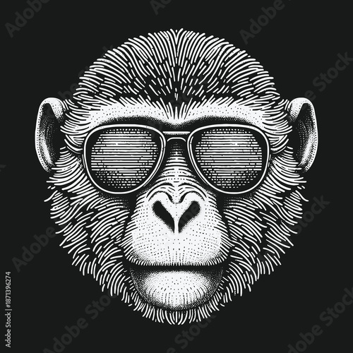 Engraved Monkey Portrait with Sunglasses: A Cool and Stylish Illustration.