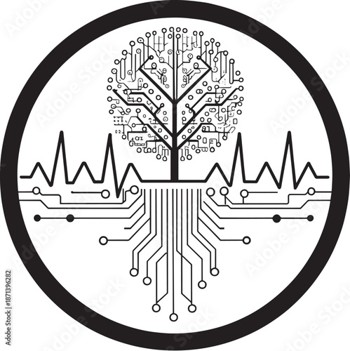 Digital tree with electronic roots and heartbeat waveform in a circular frame