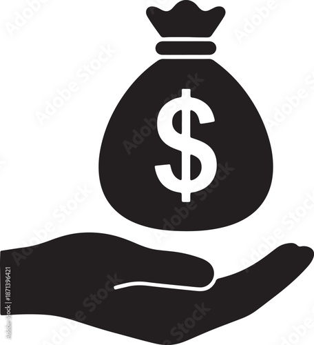 A black and white of a hand holding a bag of money with a dollar sign also transparent background