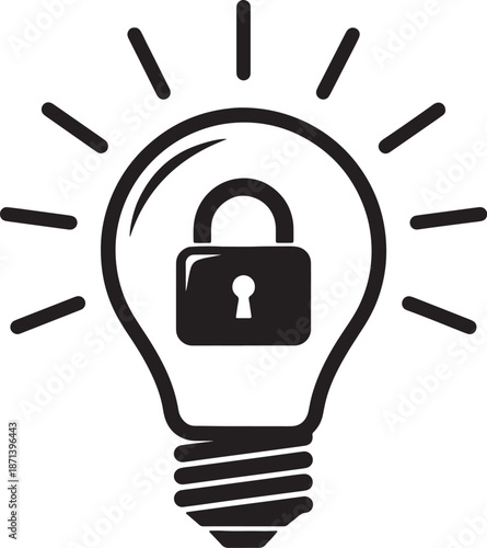 A black and white of a light bulb with a lock symbol inside it and rays emanating from the also transparent background