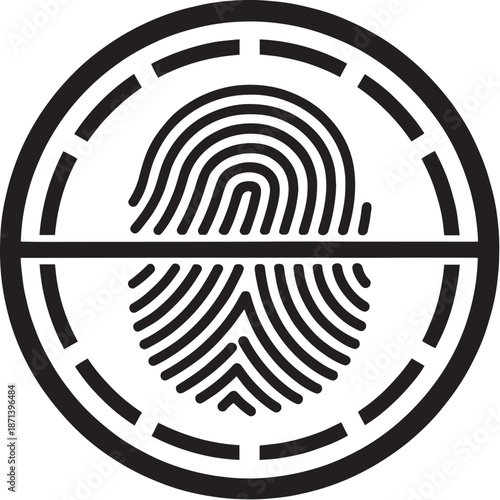 A black and white circular icon featuring a fingerprint design with lines