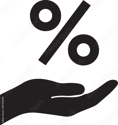 A black hand holding a large percentage symbol with two circles and a diagonal line also transparent background