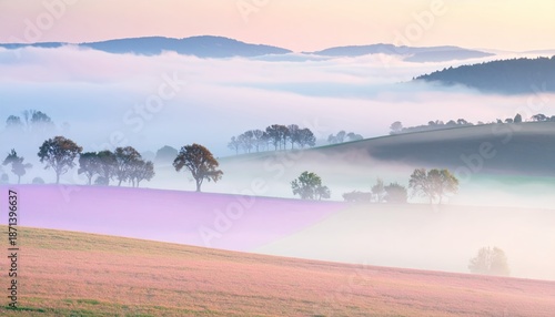 Misty Pastel Sunrise: Tranquil Rolling Hills with Scattered Trees Bathed in Soft Light and Atmospheric Fog.