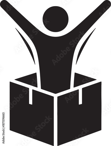 Black and white abstract whisk symbol emerging from an open box with a circular at the also transparent background