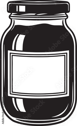 Black and white line of a jar with a label and a metal lid also transparent background container