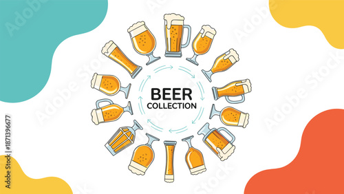 Diverse collection of beer glasses and mugs arranged in a circular design featuring different brew types and frothy heads.