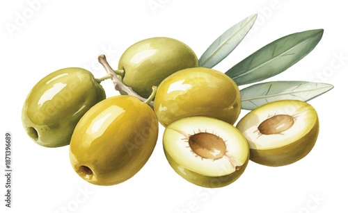 Fresh olive fruit collection illustrated in natural hand-painted watercolor.
