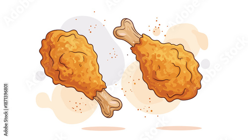 Pair of crispy golden fried chicken drumsticks floating with artistic splashes and dots on a white textured background.