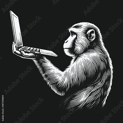 Monkey using a laptop with focused expression in black and white.