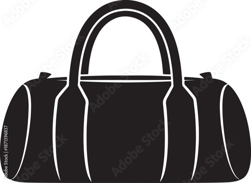 Black and white outline of a handbag with a large handle and two side pockets also transparent background