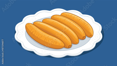 Five golden fried bananas neatly arranged on a white decorative plate over a dark blue background surface.