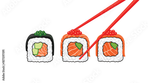 Row of three sushi rolls with salmon and roe toppings on white background with red chopsticks picking up one roll.