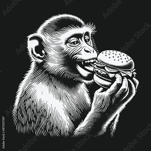 Monkeys Delight: A Detailed Illustration of a Monkey Eating a Burger.