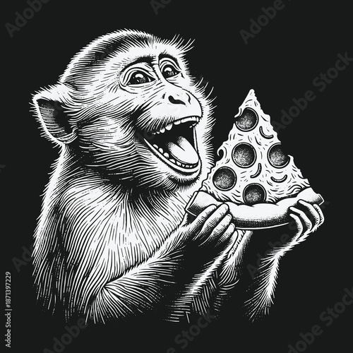 Monkeys Delight: A Whimsical Illustration of a Monkey Enjoying Pizza.