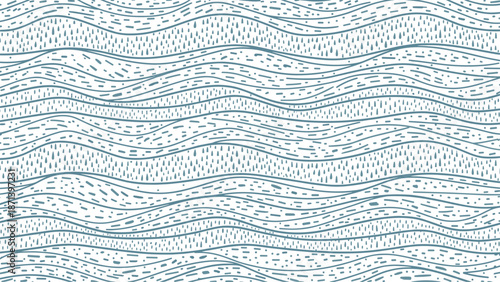 Minimalist seamless pattern featuring repeating blue hand-drawn wavy lines and dots on a light gray background.