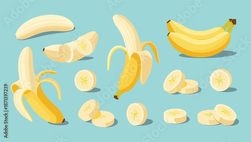 Detailed collection of bananas shown whole, peeled, and sliced into various pieces on a light blue background surface.