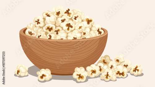 Generous wooden bowl overflowing with fresh fluffy popcorn with some pieces scattered around on a plain background.