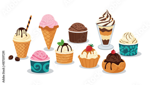 Assorted collection of frozen desserts including ice cream cones, cups, sundaes, and muffins on white background.