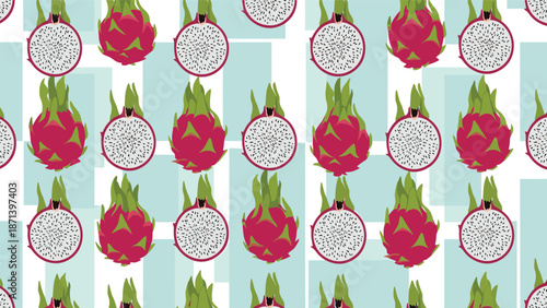 Vibrant repeating pattern of whole and halved dragon fruits arranged on a light blue and white geometric background for a fresh tropical aesthetic.