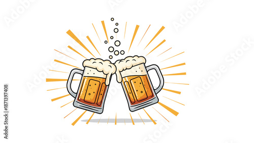 Illustration of two foaming beer mugs clinking together in a celebratory toast with dynamic lines and bubbles on a clean white background design.