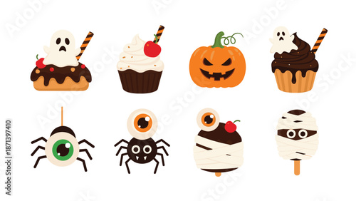 Cute set of Halloween characters and snacks including a ghost cupcake, angry pumpkin, monster eyeballs, spiders, and mummies on a white background.