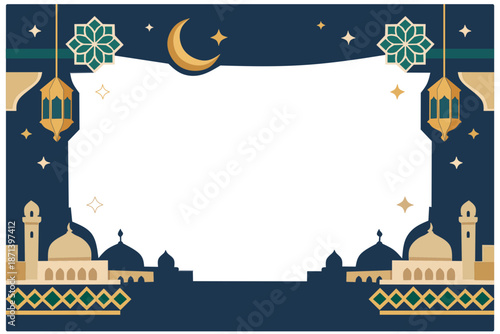 Beautiful Islamic night scene with mosque silhouettes, hanging lanterns, and a crescent moon, perfect for Ramadan or Eid celebrations, conveying peace and serenity