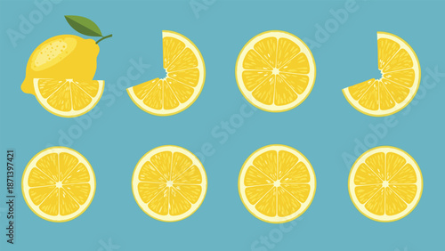 Fresh yellow lemons in whole and sliced forms displayed in a neat grid arrangement over a light blue background.