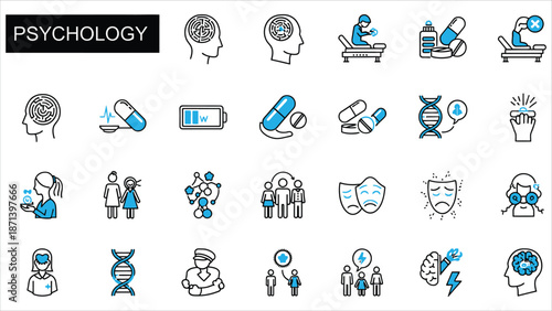 Blue linear vector icon set illustrating depression symptoms and mental health concepts..eps