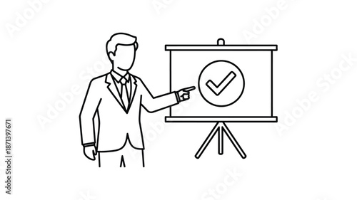 A businessman presenting a positive checkmark on a screen during a formal presentation