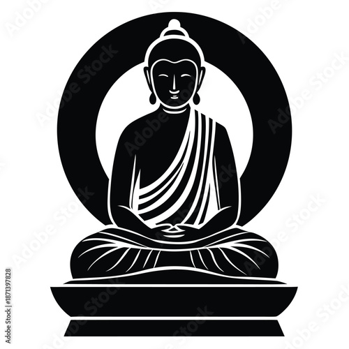 A detailed black and white line art illustration of Buddha meditating in a serene environment