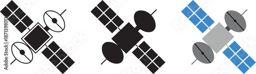 Vector illustration of satellite with solar panels and antennas in black silhouette on transparent background