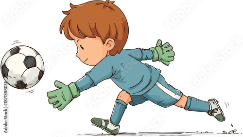 Young Male Goalkeeper Practicing Soccer Skills with Outline, Isolated Vector Illustration
