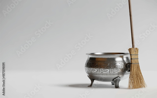 silver cauldron with broom on gray surface