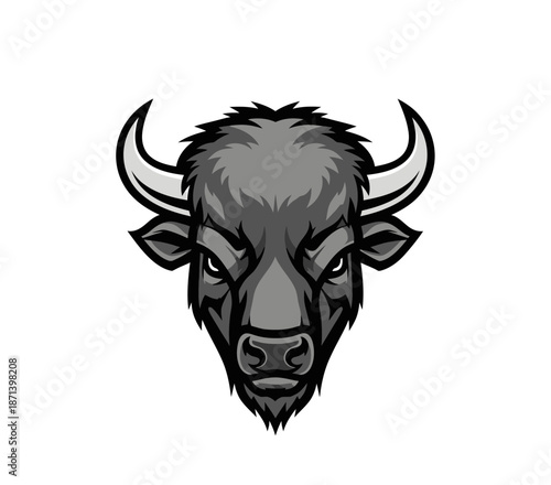 Gray Bull Head with Horns Illustration.