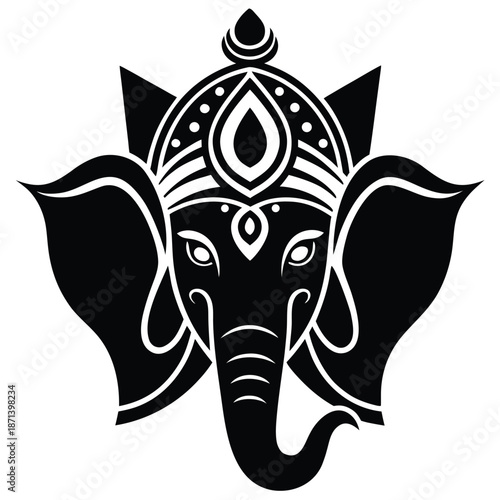 A minimalist vector illustration depicting a serene Ganesha with intricate details and symbolic elements